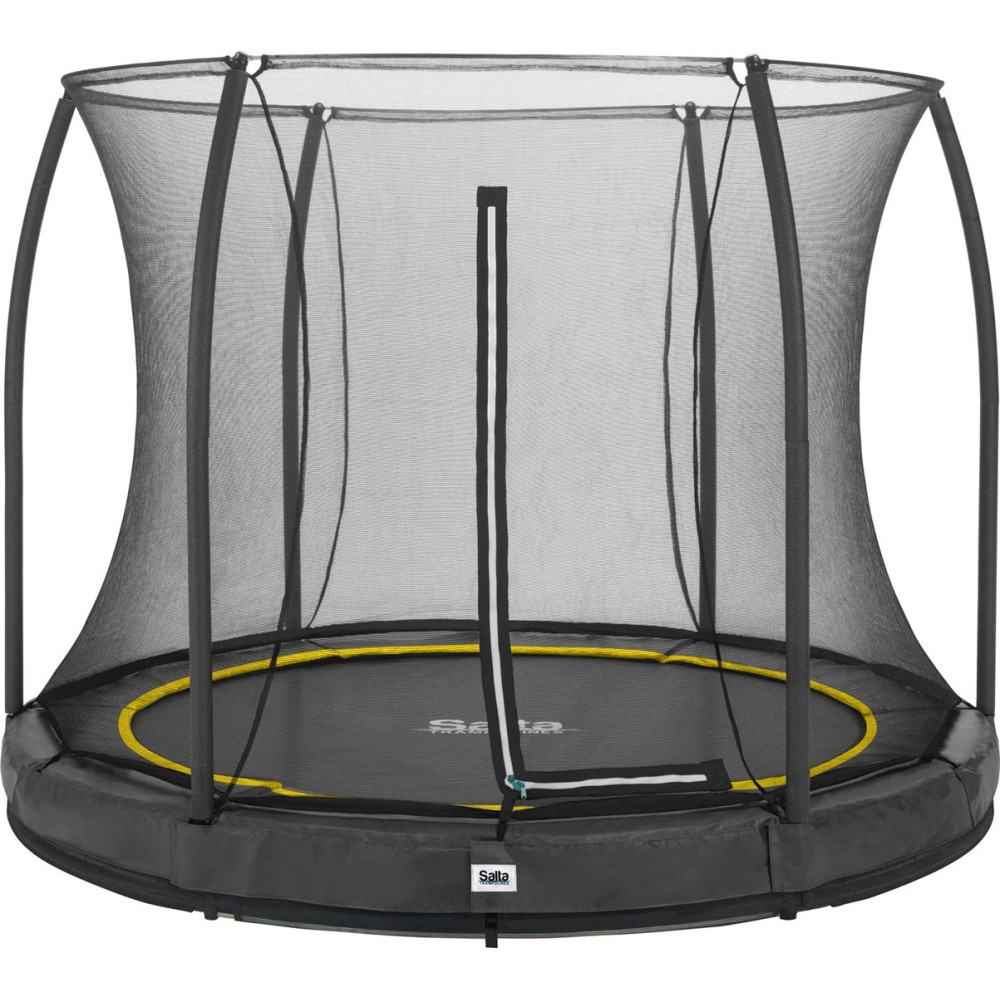 Okrągły trampolin z czarną siatką zabezpieczającą i żółtą krawędzią.