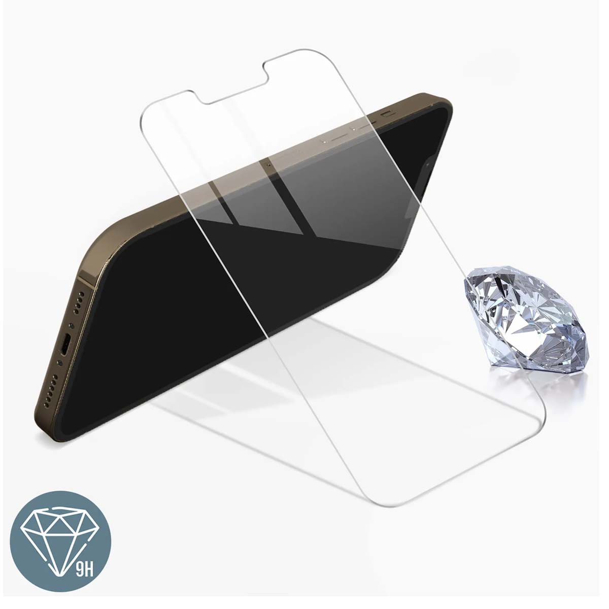 Een smartphone met schermprotector en ernaast een diamant.