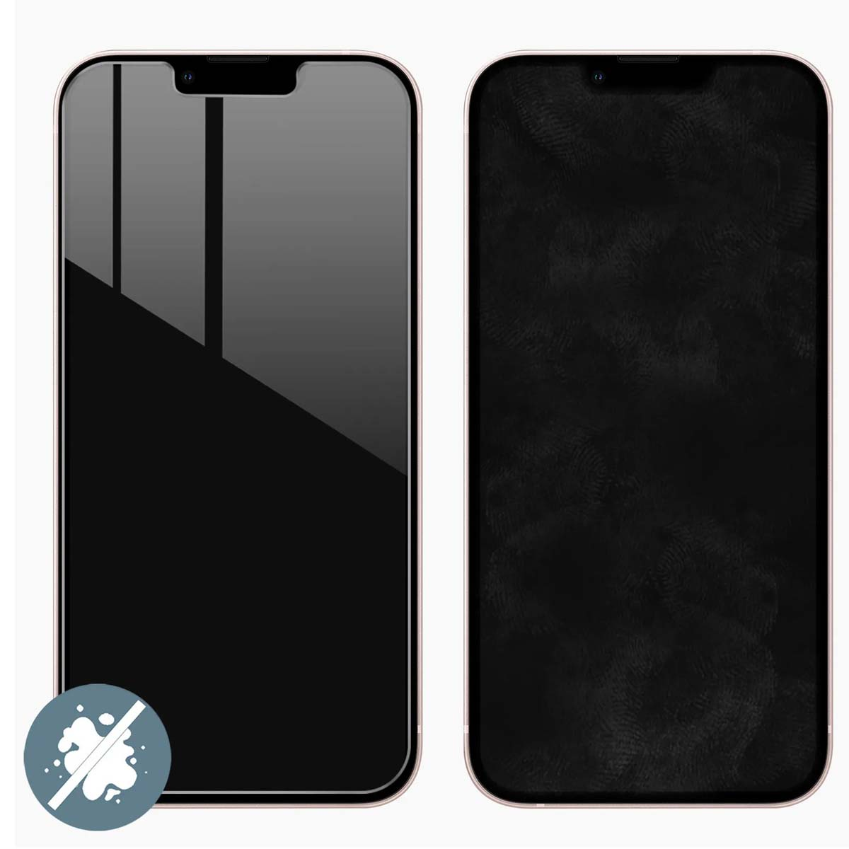 Twee smartphones naast elkaar. Eén toont reflecties, de andere vingerafdrukken.