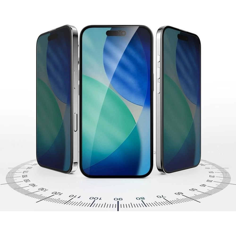 Three smartphones with blue-green screens stand on a white surface with a protractor.