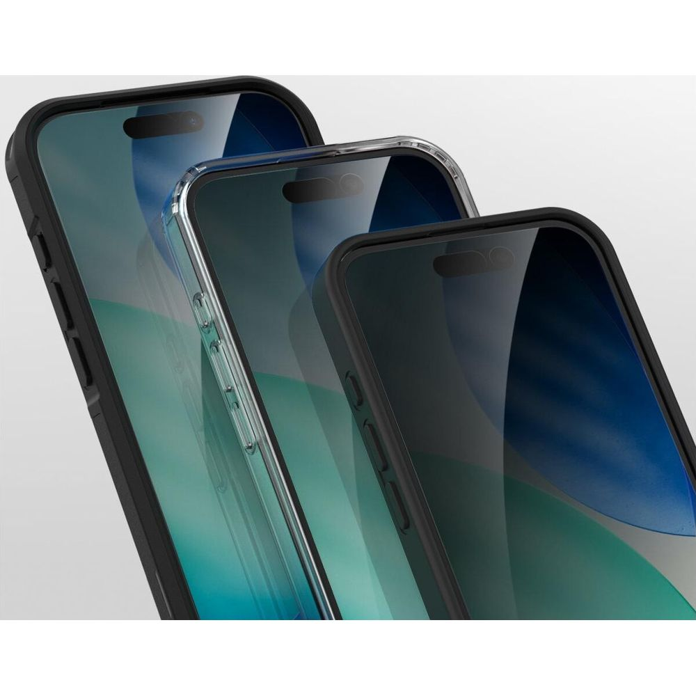 Three smartphones with protective cases, close-up view.