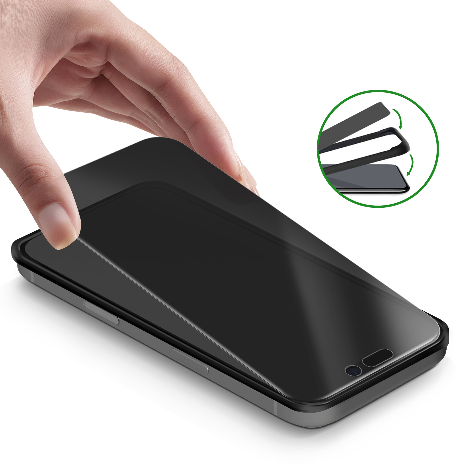 Hand places screen protector onto a smartphone screen.