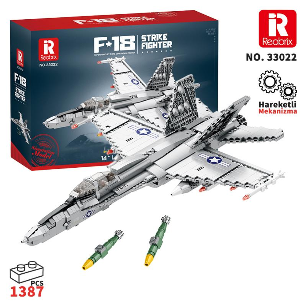 İki füze ve bir kutu ile gri F-18 savaş uçağı model kiti.