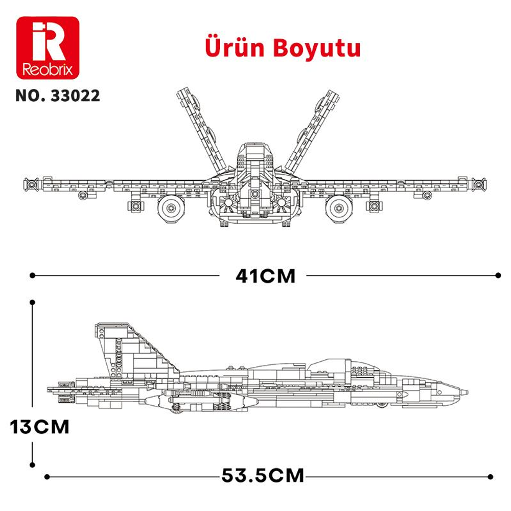 Jet uçağı planı boyutları gösteriyor: 41cm kanat açıklığı, 53,5cm uzunluk, 13cm yükseklik.