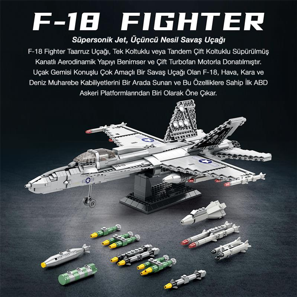 Gri F-18 savaş uçağı modeli, önünde silahlarla bir stant üzerinde sergileniyor.
