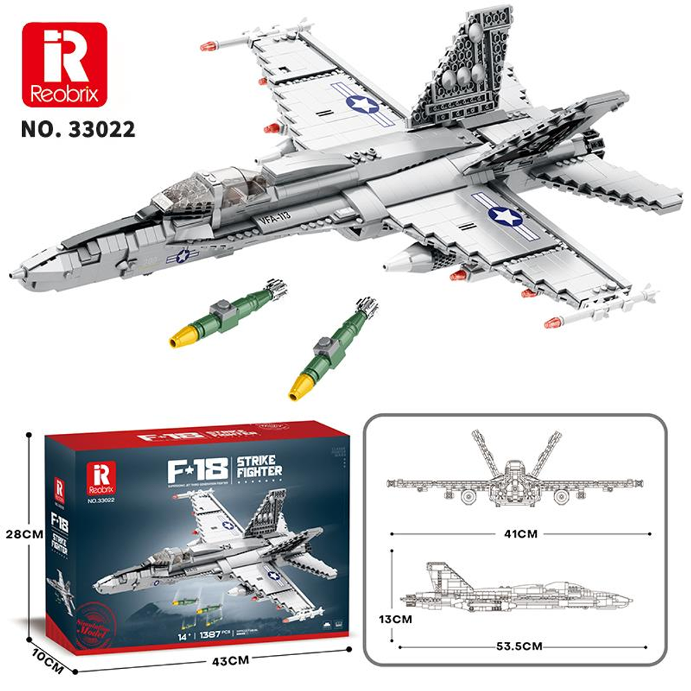 İki füzeli detaylı F-18 savaş uçağı modeli, yanında kutusu ve teknik çizimleri bulunmaktadır.