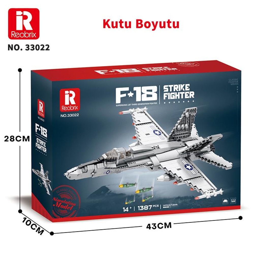 F-18 savaş uçağı modeli kutusu, boyutları 28x10x43cm.