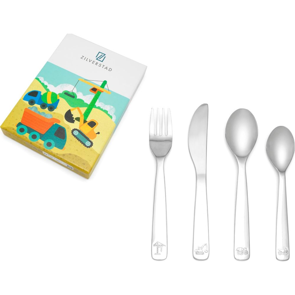 Kinderbesteck mit Bau-Motiv und passender Verpackung.