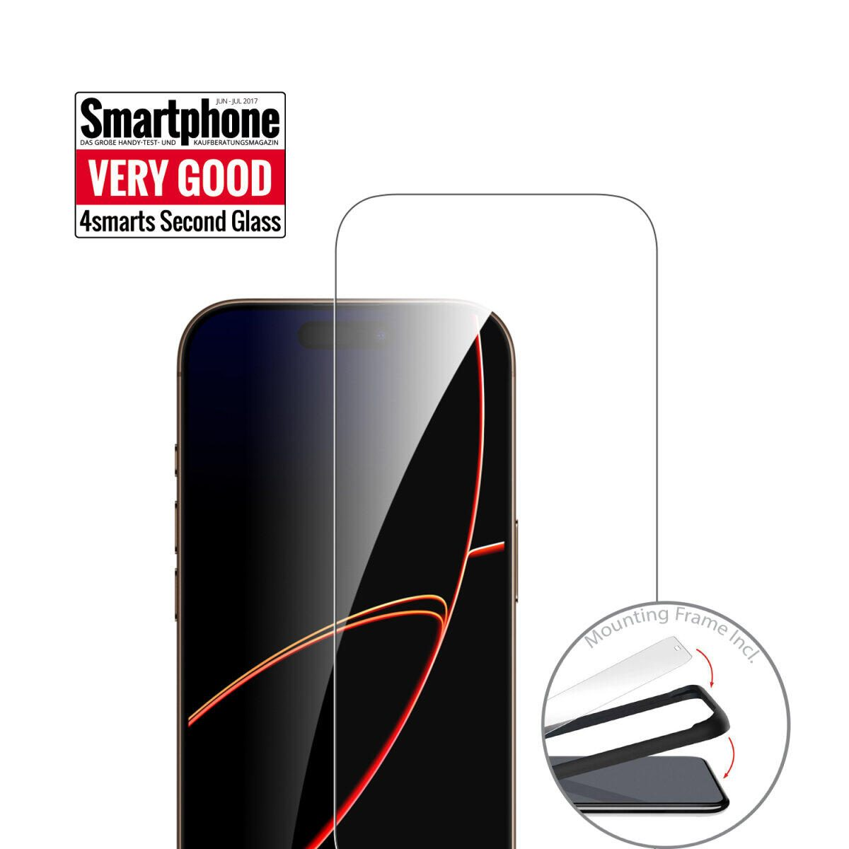 A smartphone screen protector with mounting frame and "VERY GOOD" seal.