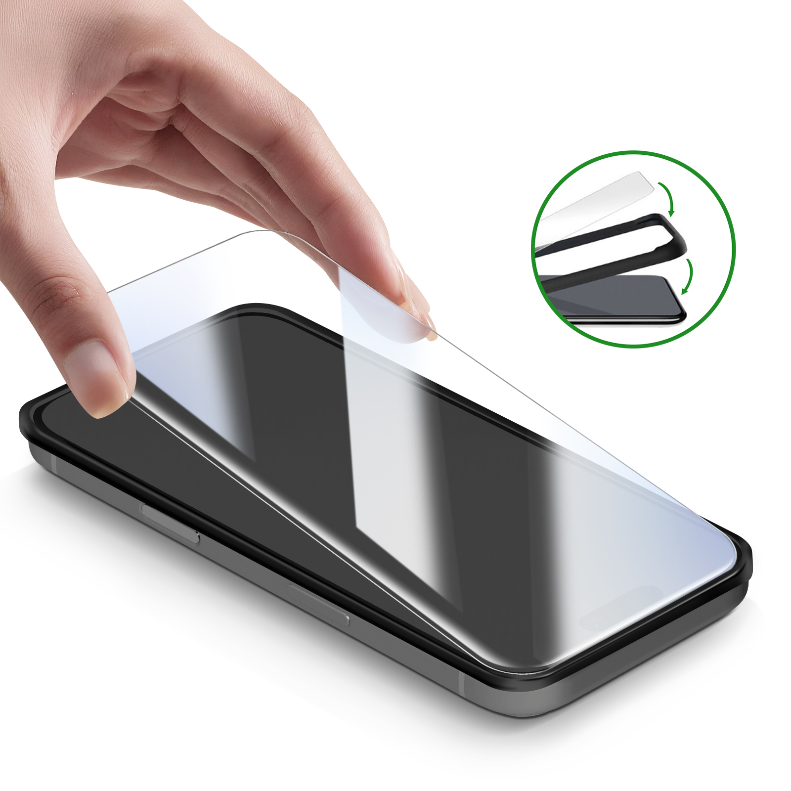 Hand applies screen protector to smartphone. Small graphic shows layers.