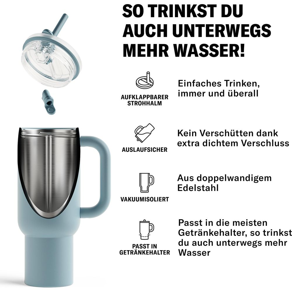 Blauer Becher mit Aufdruck: "So trinkst du auch unterwegs mehr Wasser!"