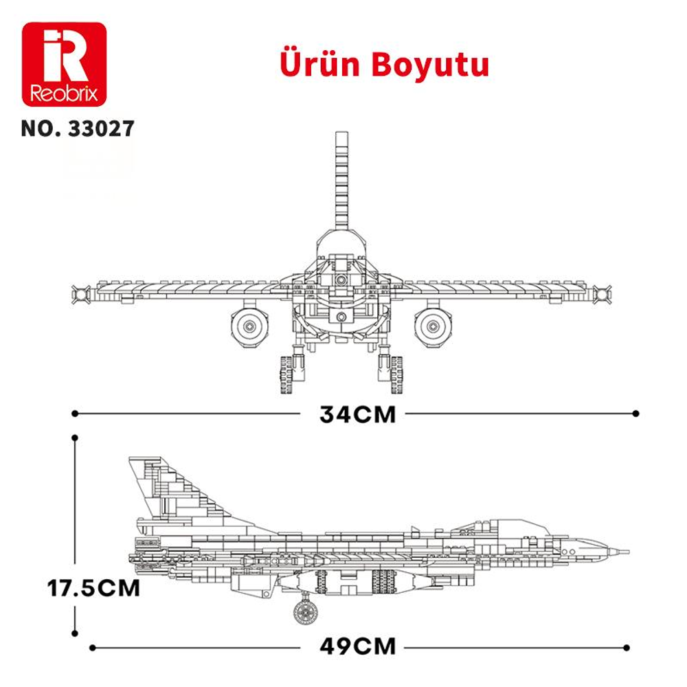 Savaş uçağının teknik çizimi boyutlarla: 34cm kanat açıklığı, 49cm uzunluk, 17.5cm yükseklik.