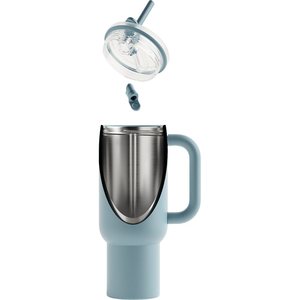 Hellblaue Thermotasse mit abgenommenem Deckel und Strohhalm im Schnitt.