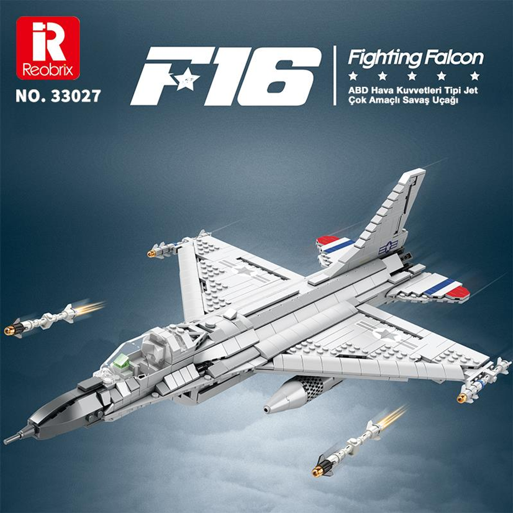 Füze uçan beyaz bir F16 Fighting Falcon model uçağı.