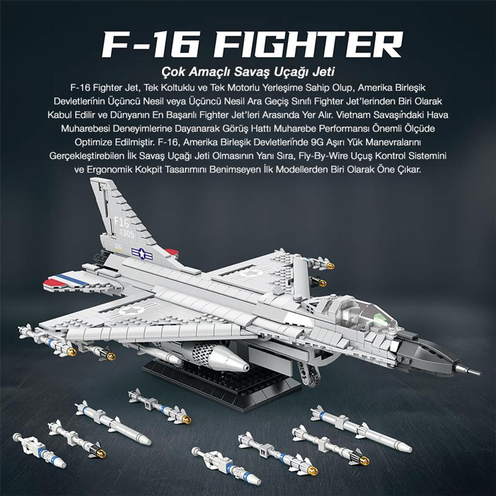 Kırmızı ve mavi vurgulu gri Lego F-16 savaş uçağı modeli, etrafı füzelerle çevrili.
