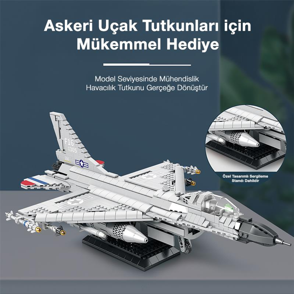 Füzeli gri F-16 Lego modeli, siyah stant üzerinde sergileniyor.