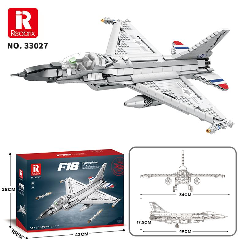 Bloklardan yapılmış beyaz F-16 savaş jeti modeli, ambalaj ve boyutları ile.