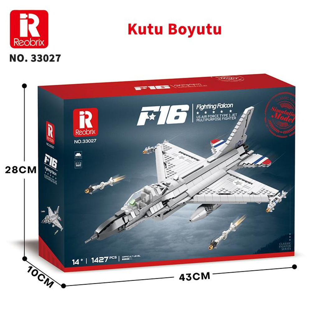 F16 Fighting Falcon model kiti kutusu boyutlarıyla gösterilir.