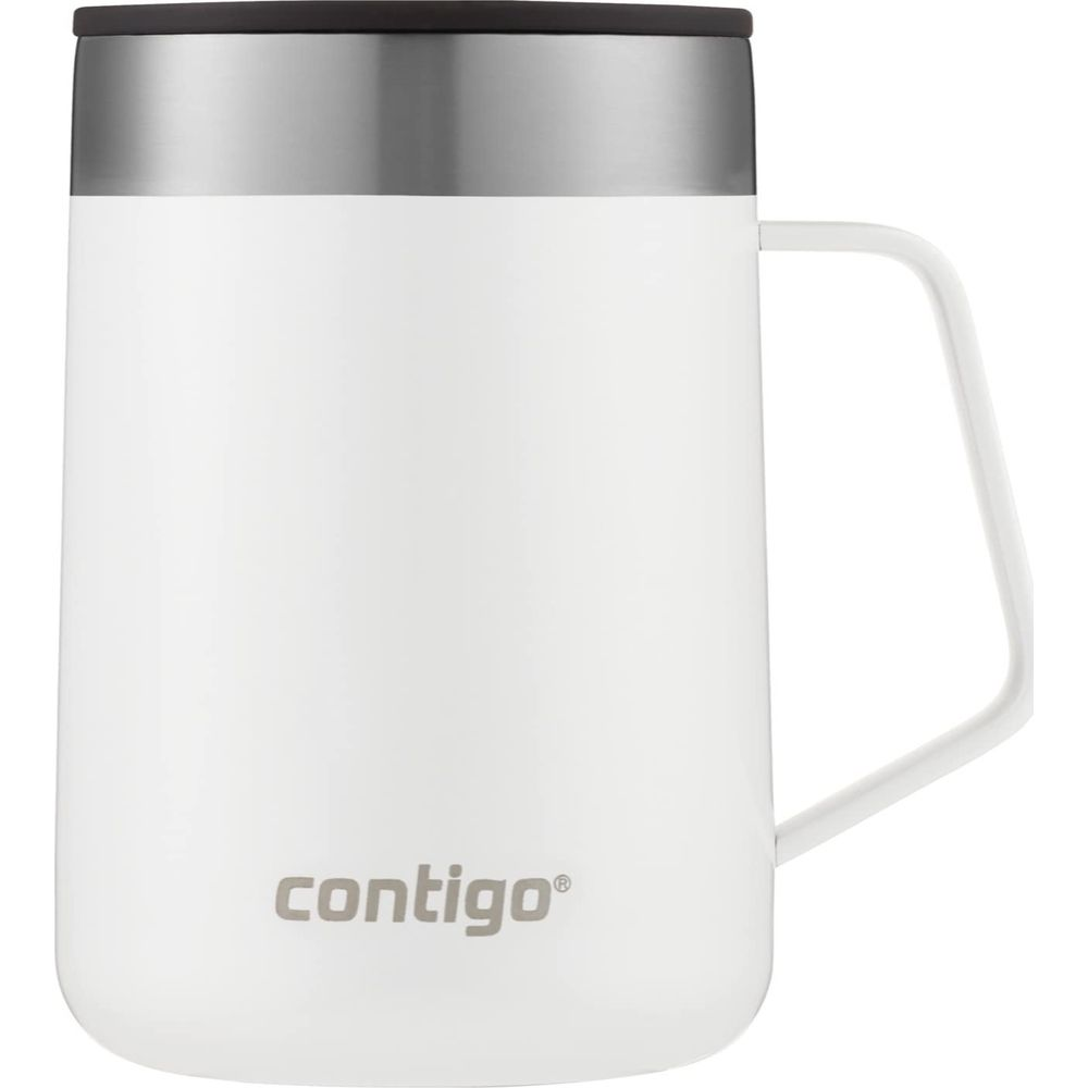Tazza bianca Contigo con bordo argento e nero e manico bianco.
