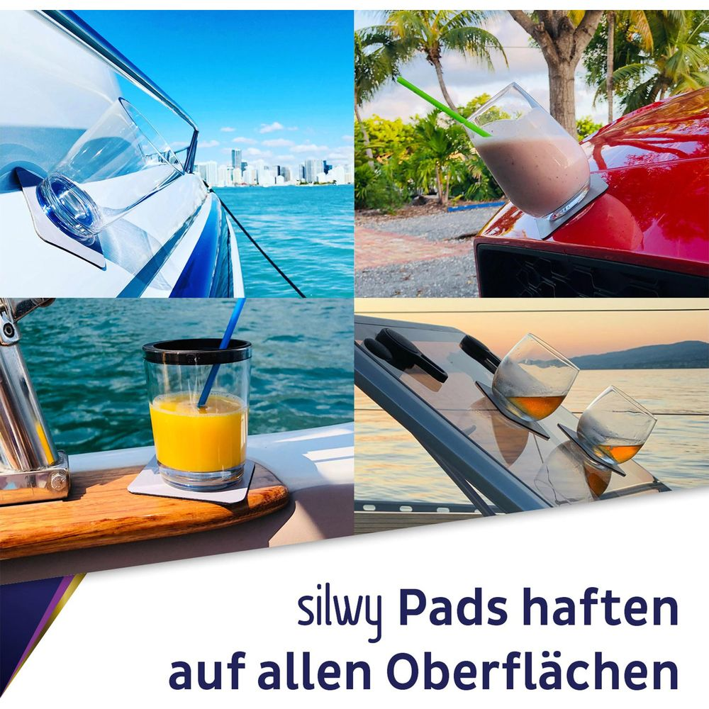 Quatre scènes : Verre sur bateau, smoothie sur voiture, jus sur bateau, verres à whisky sur bateau.