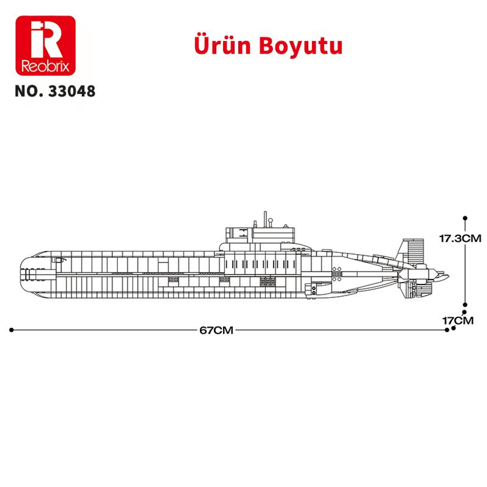 Uzunluk ve yükseklik ölçüleri belirtilmiş bir denizaltının teknik çizimi.