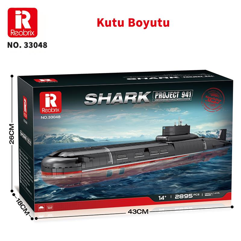 Reobrix 'Shark Project 941' model kutusu. Mavi su üzerinde siyah denizaltı modeli.