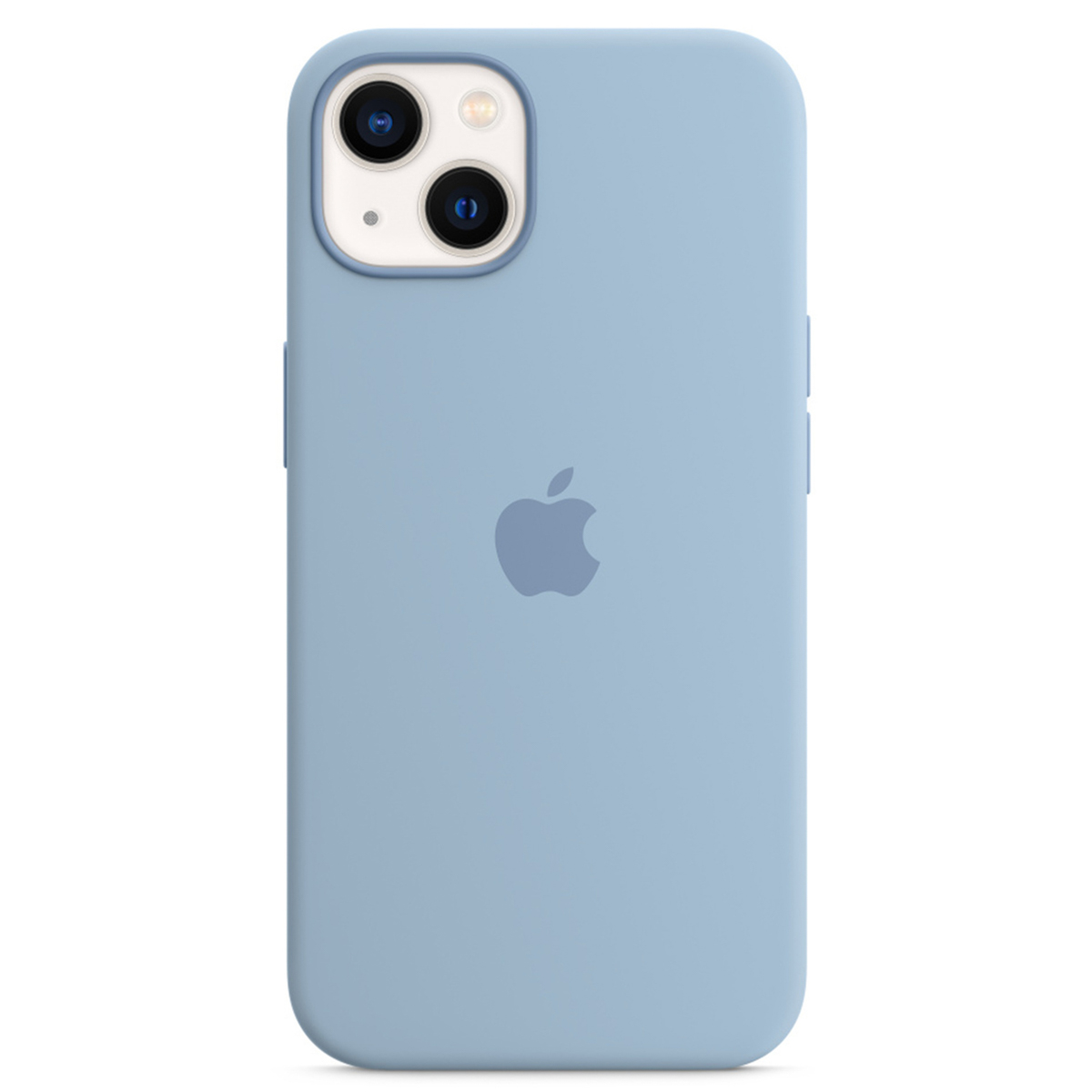 Een lichtblauwe iPhone hoes met twee camera's en het Apple-logo.