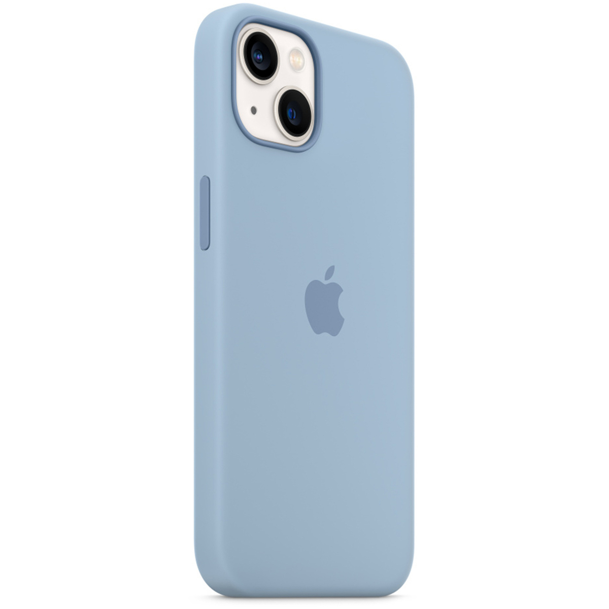 Lichtblauwe iPhone-hoes met Apple-logo en camerapaneel.