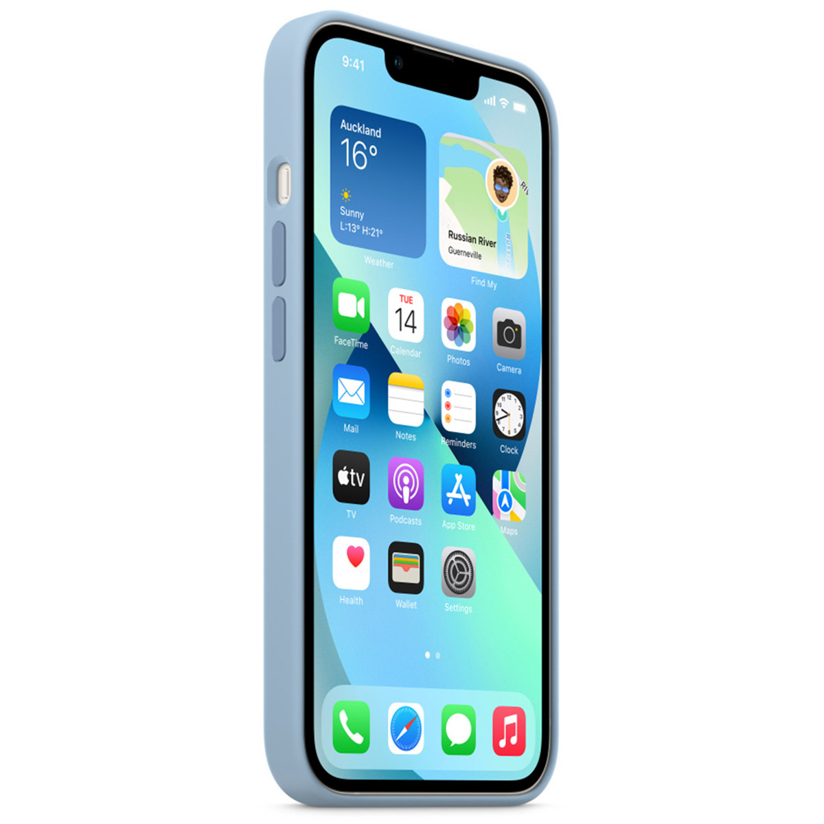 Een lichtblauwe iPhone in een hoesje, met de interface en diverse apps erop.