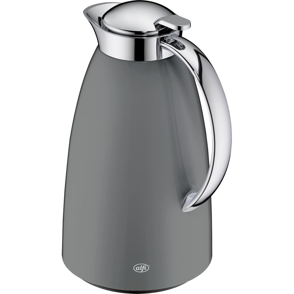 Carafe isotherme grise avec poignée et couvercle brillants.