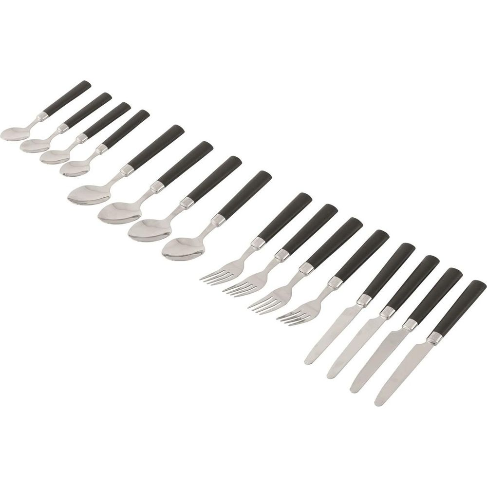 Besteckset mit schwarzen Griffen: Löffel, Gabeln und Messer diagonal angeordnet.