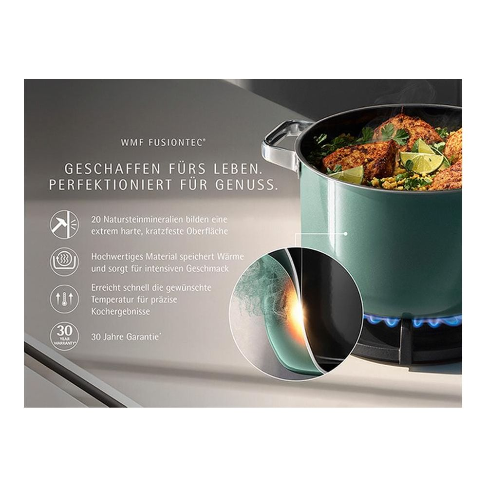 Casserole WMF FUSIONTEC avec nourriture, caractéristiques et garantie.
