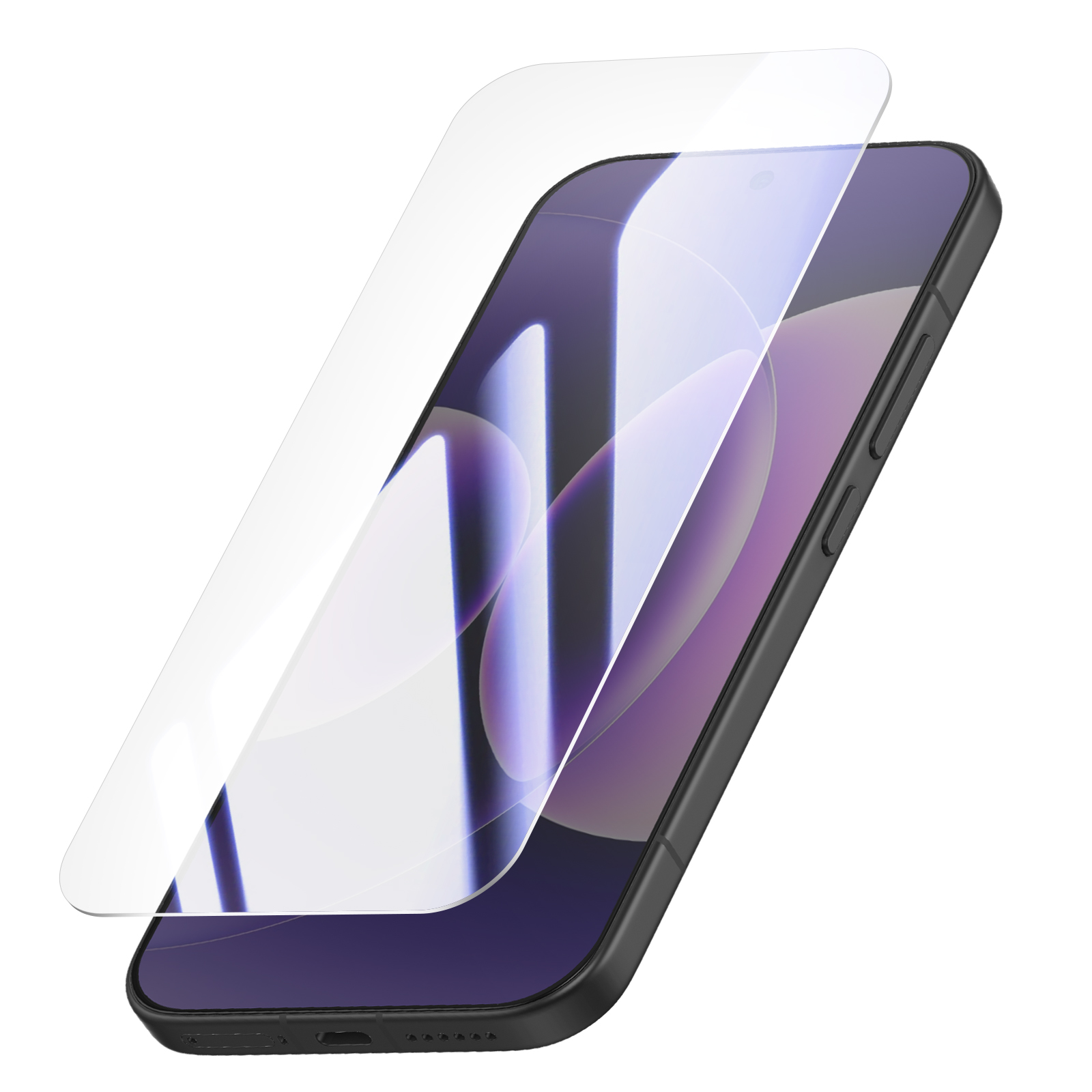 Uno smartphone nero con una protezione schermo trasparente sopra.