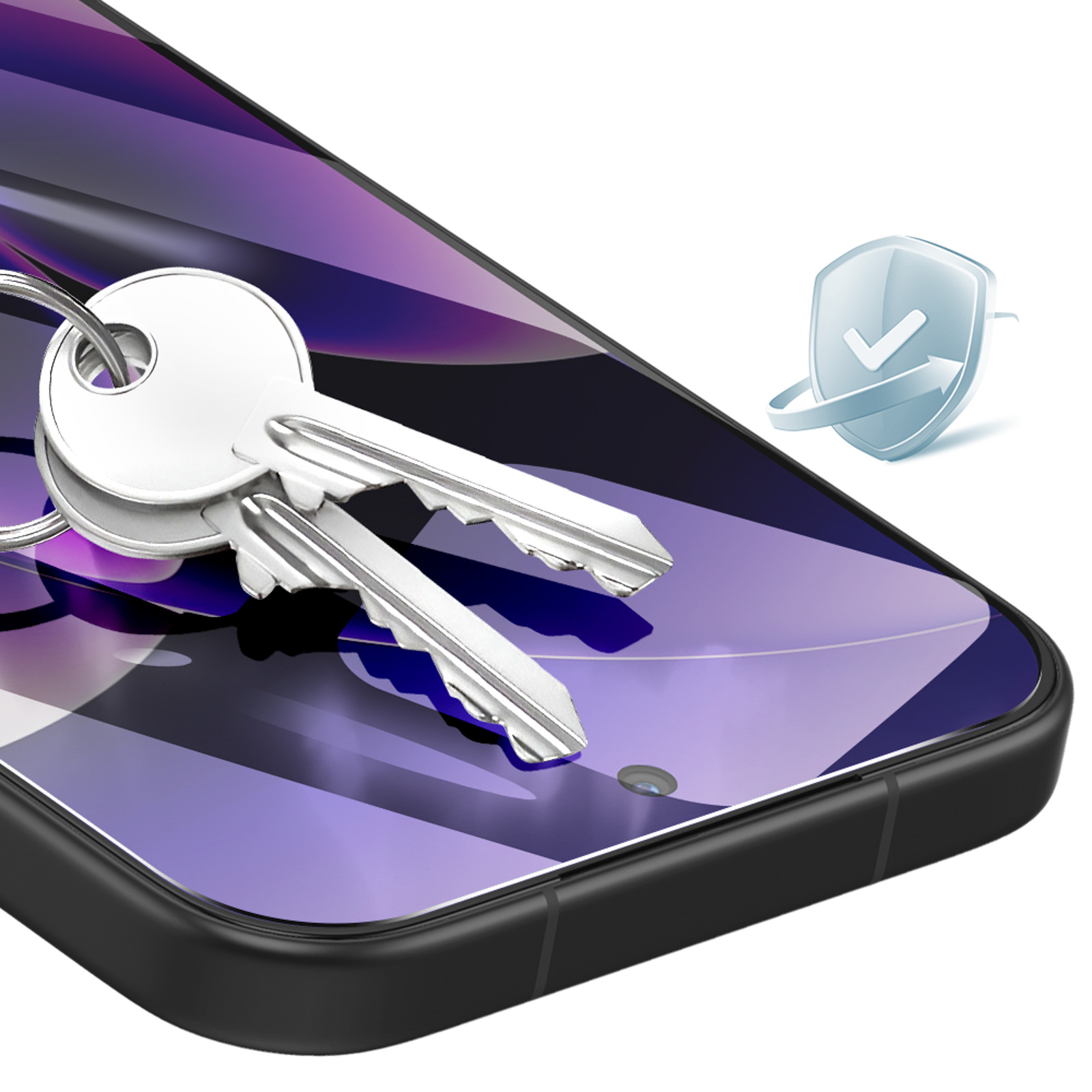 Due chiavi d'argento su uno smartphone con sfondo viola. Icona di uno scudo a destra.