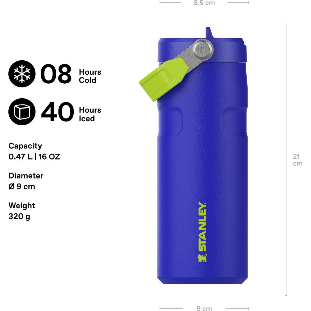 Blaue Stanley-Flasche, 21cm hoch, 9cm breit. Fasst 0,47L. Hält 8Std kalt, 40Std eiskalt.