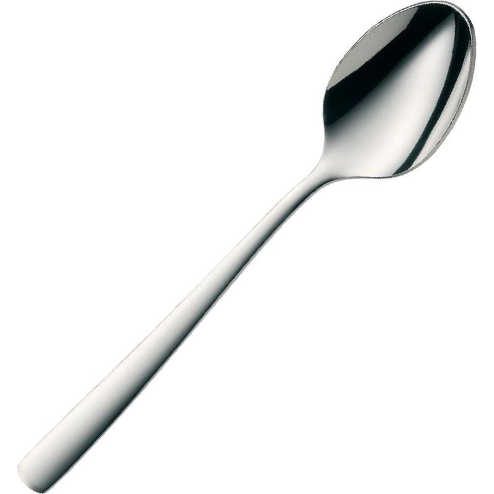 Ein einzelner, glänzender Silberlöffel auf weißem Hintergrund.
