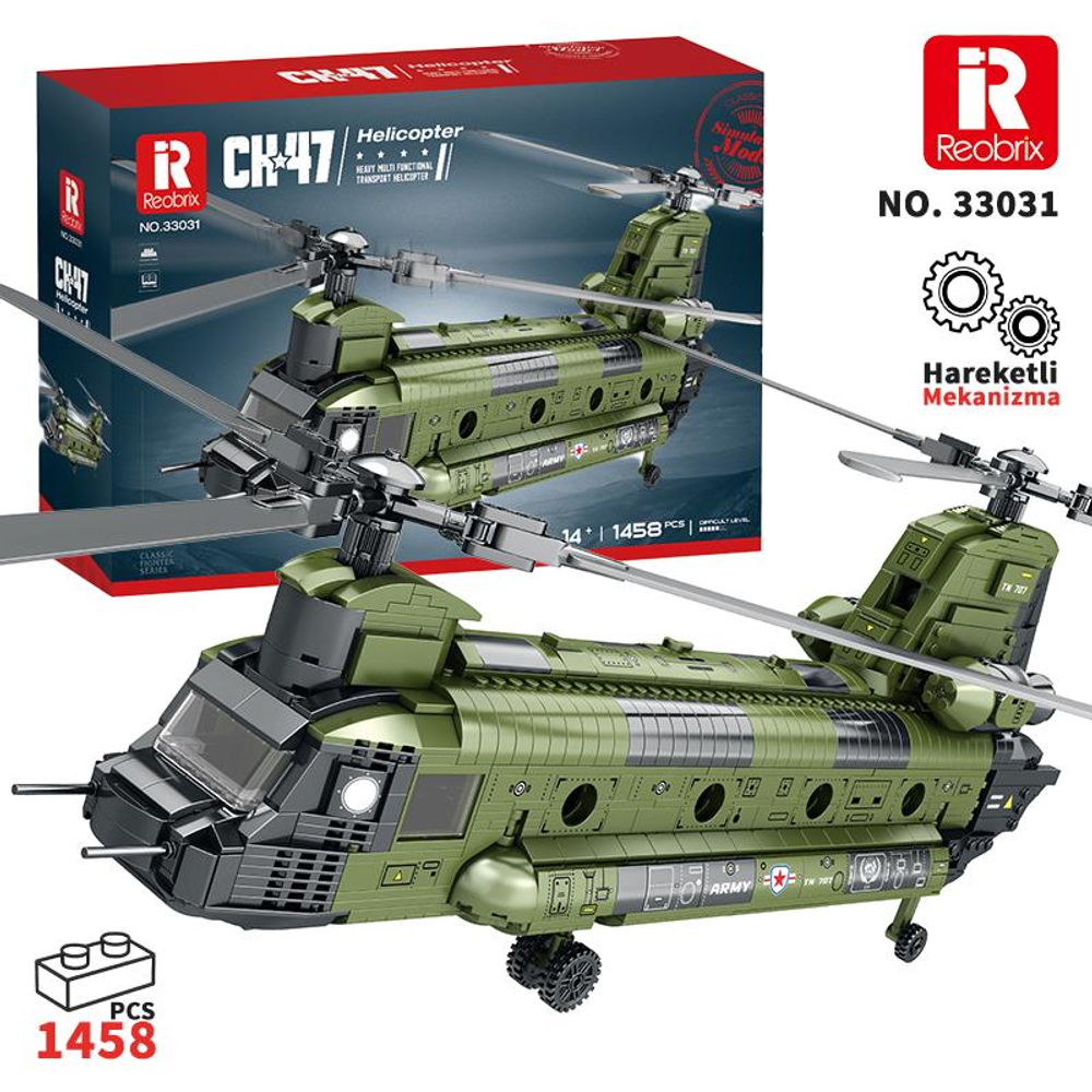 Yeşil CH-47 Chinook helikopter model kiti, kutuda açıklama ve parça numarası mevcut.