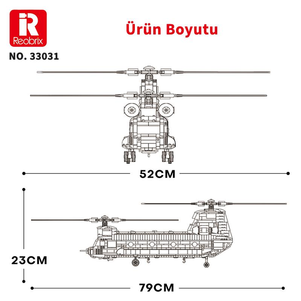 Helikopterin teknik çizimi boyutlarıyla: 52cm genişlik, 23cm yükseklik, 79cm uzunluk.