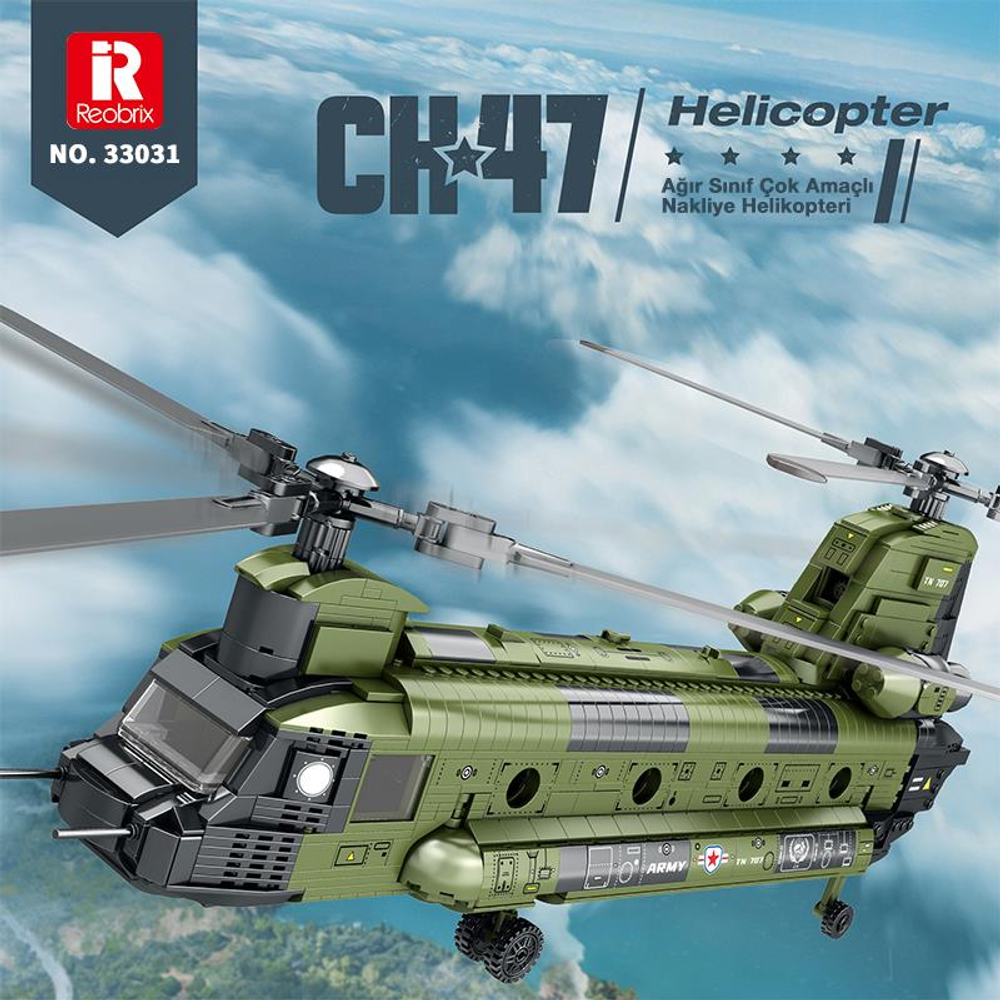 Yeşil CH-47 Chinook helikopter çift pervaneli uçușta, sağ üstte Reobrix logosu.