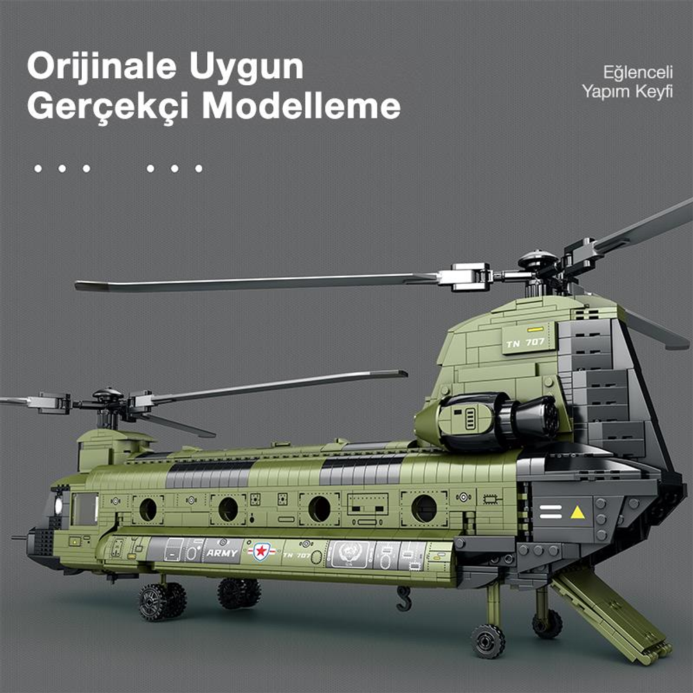 İki rotorlu ve iniş takımlı detaylı yeşil oyuncak helikopter modeli.