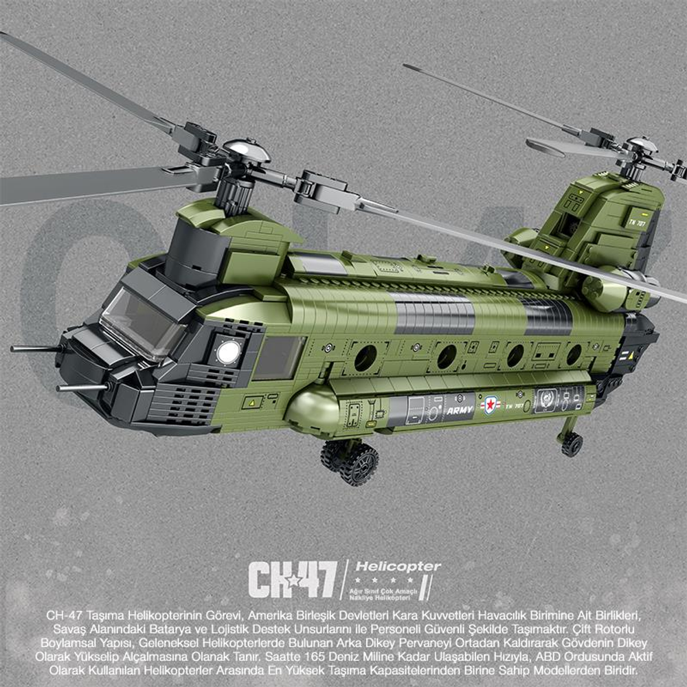 Yeşil, çift rotorlu, "ARMY" yazılı oyuncak helikopter.