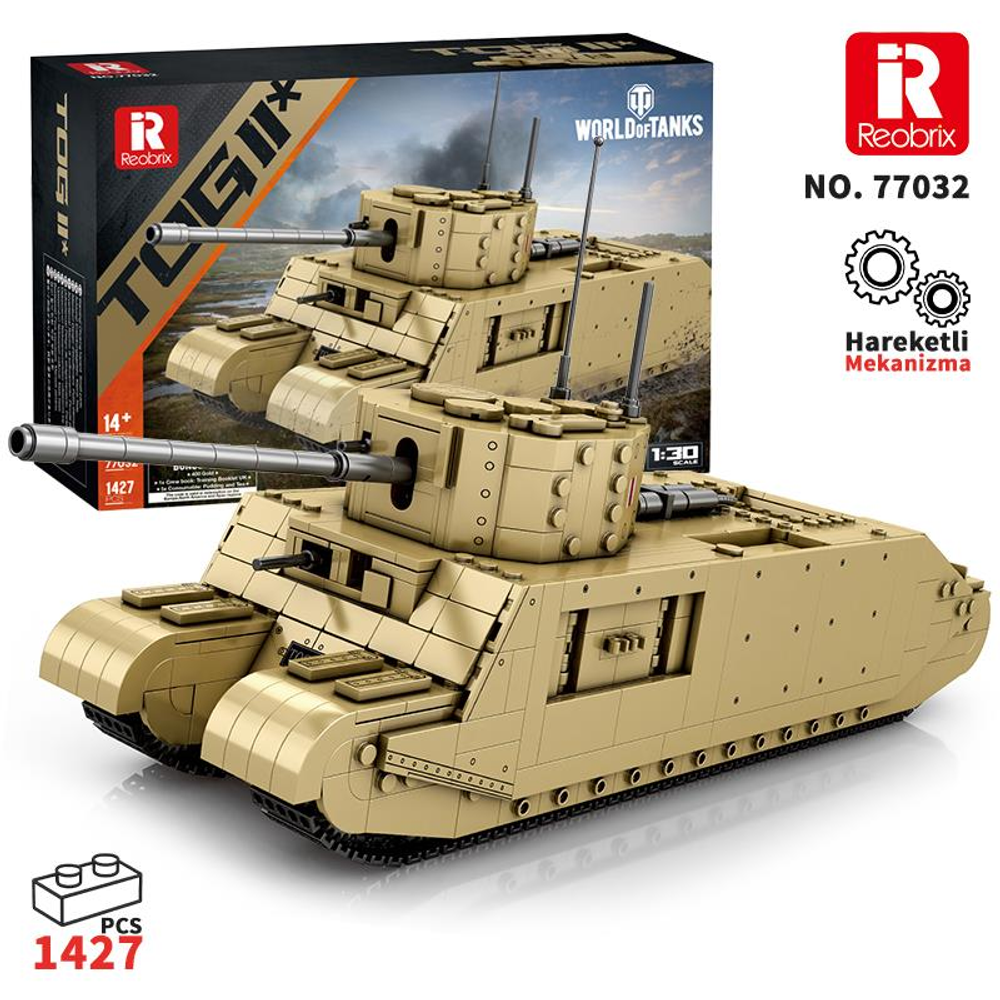Arkada "World of Tanks" ambalajı olan, ten rengi tank yapım oyuncağı.