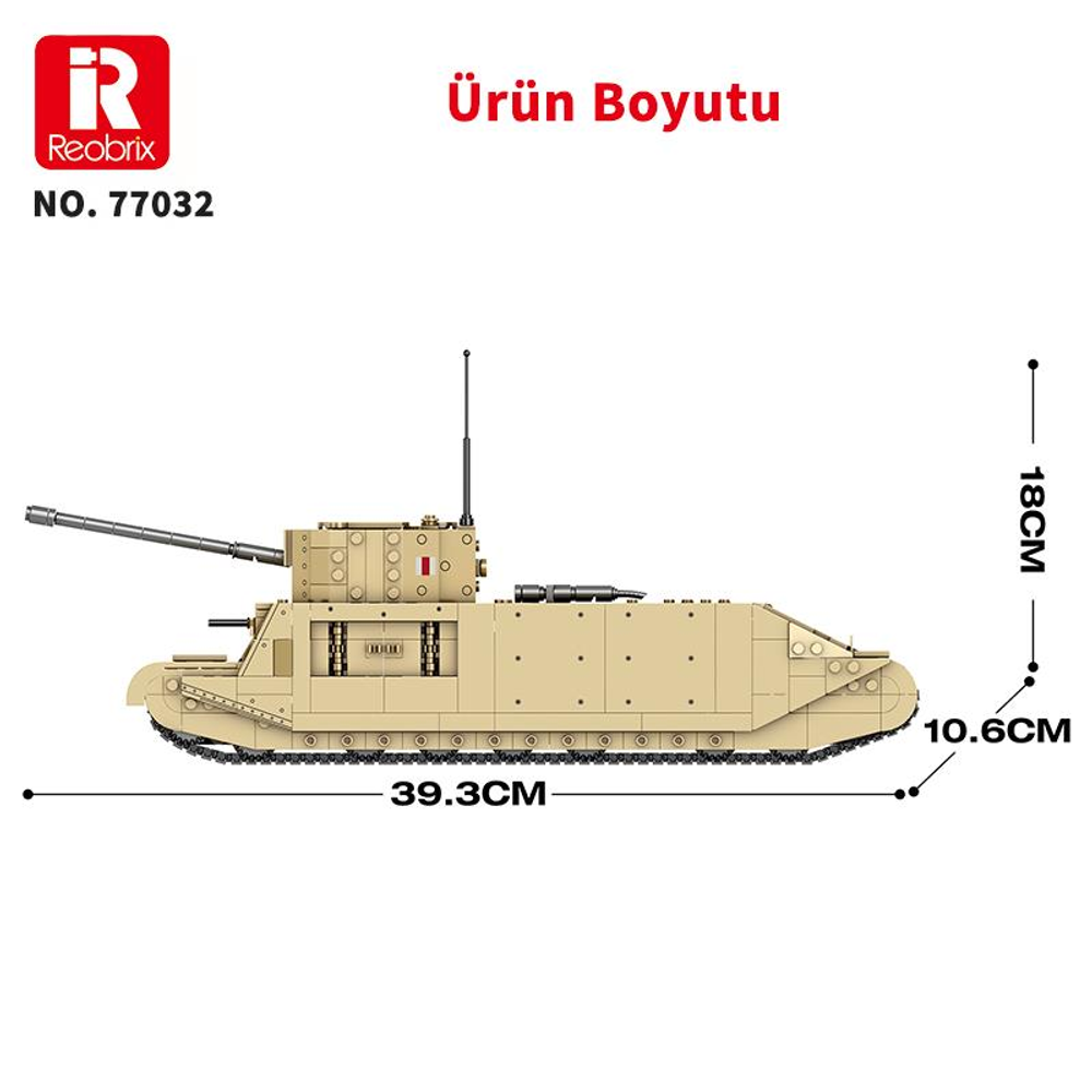 Kum rengi model tank boyutları: 39.3cm U, 10.6cm G, 18cm Y.