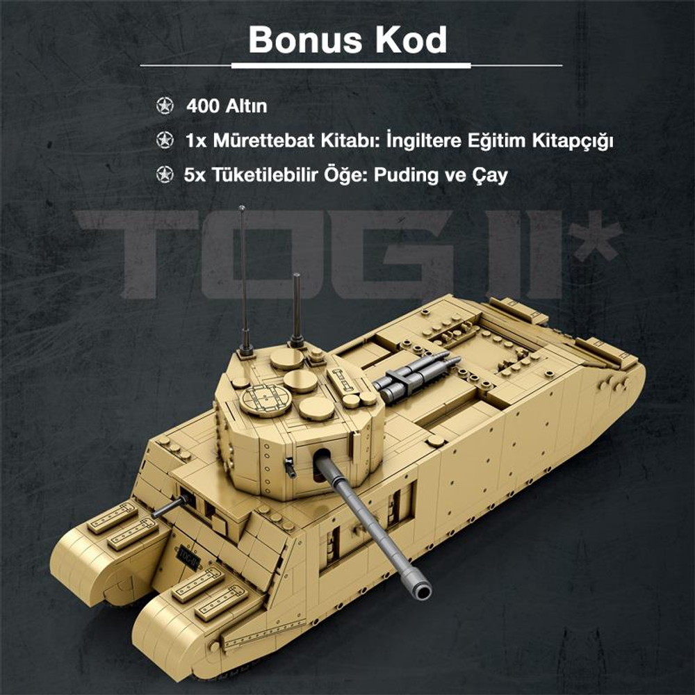 Top ve "Bonus Kod" başlığı olan bej LEGO tank modeli.