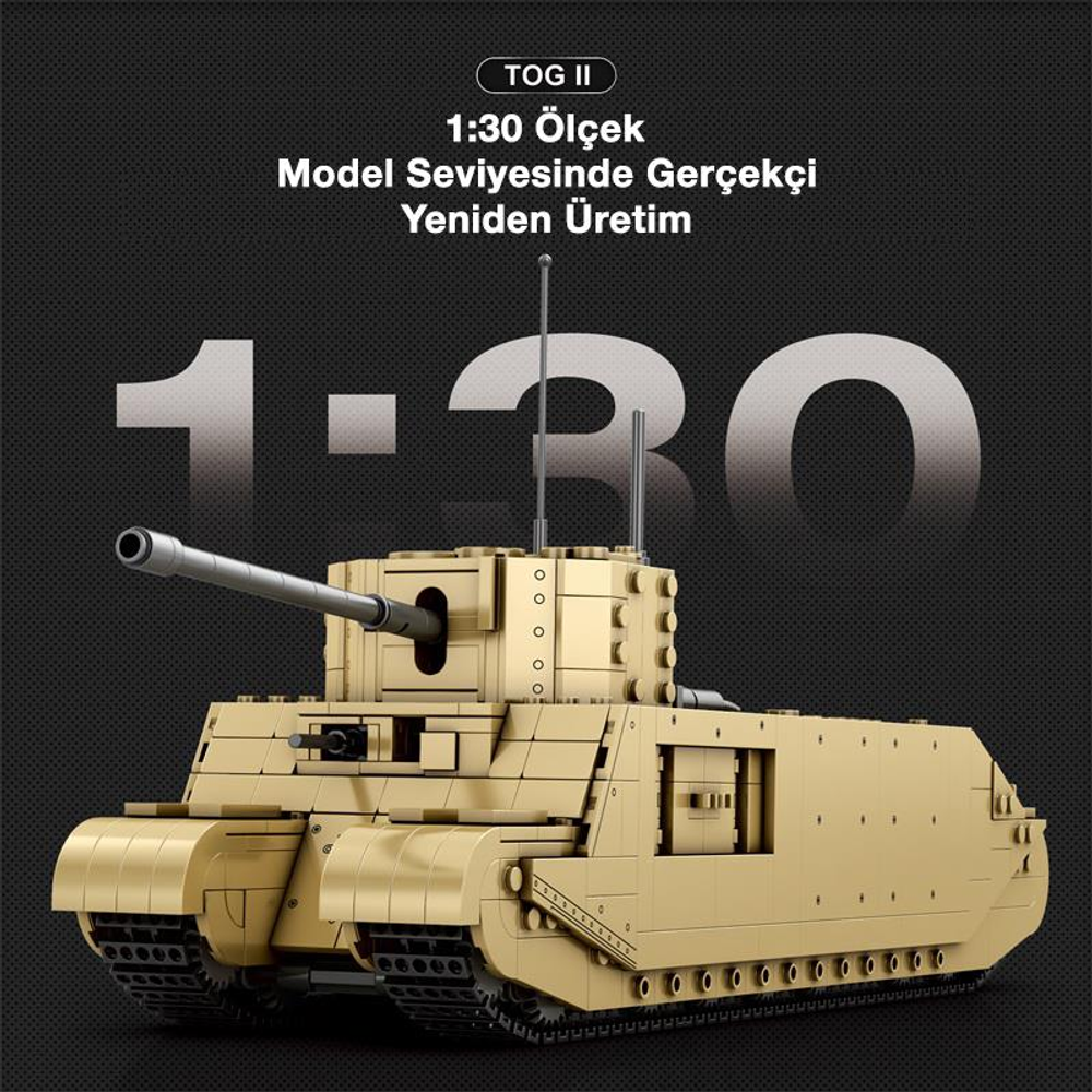 Arkada "1:30" ve yazı bulunan bej TOG II tank modeli.