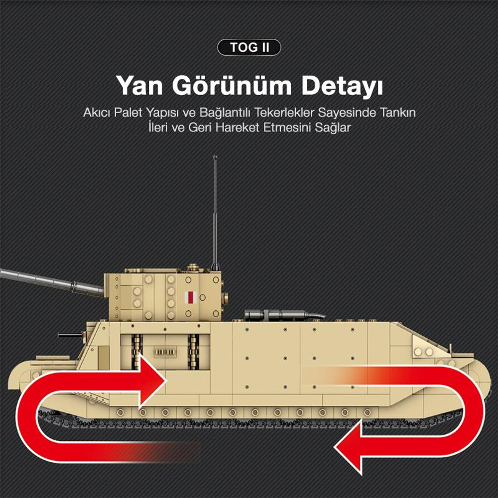 Bej TOG II tank yan görünümü, ileri ve geri hareketi gösteren kırmızı oklarla.