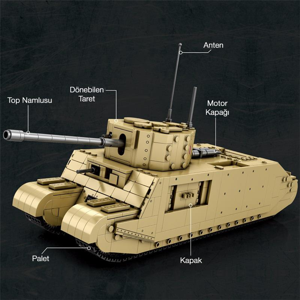 Döner taretli ve uzun namlulu, bej rengi Lego tank modeli.