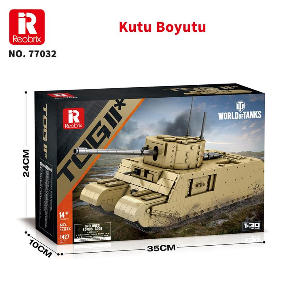 Reobrix TOG II maket kutusu, açık kahverengi tank modeli gösteriyor.