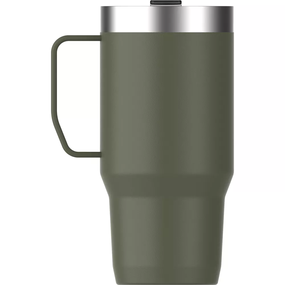 Eine dunkelgrüne Thermoskanne mit silbernem Deckel und Griff.