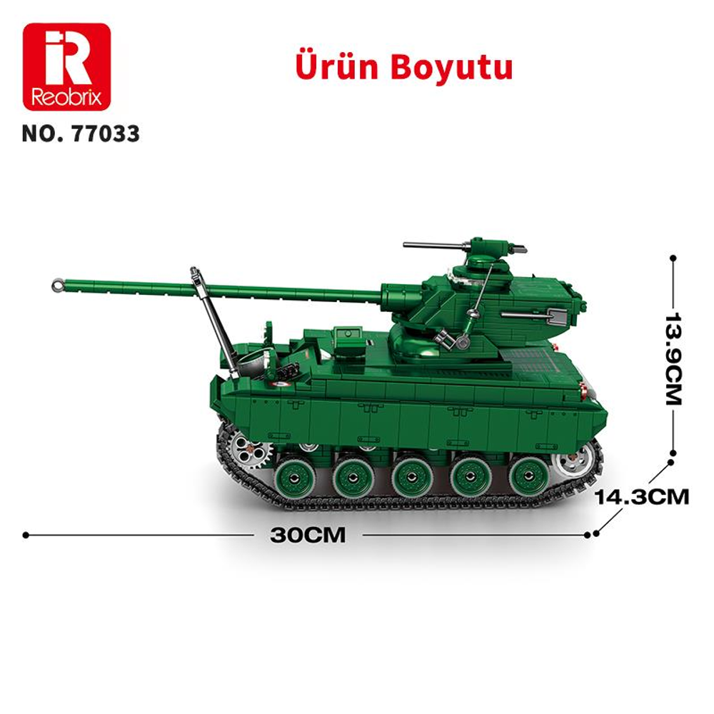 Yeşil oyuncak tank: 30cm uzunluk, 14,3cm genişlik, 13,9cm yükseklik.